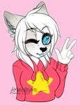  anthro canine clothed clothing female honesty_(artist) looking_at_viewer mammal smile solo tongue tongue_out watermark 