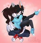  &lt;3 anthro canine clothed clothing duo female fur hair honesty_(artist) hug male male/female mammal sitting smile 
