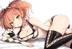  argyle ass bangs bed_sheet bikini_top black_legwear breasts cleavage collarbone crop_top earrings eyebrows_visible_through_hair idolmaster idolmaster_cinderella_girls jewelry jougasaki_mika large_breasts looking_at_viewer luse_maonang lying on_side parted_lips pink_hair short_shorts shorts smile solo stud_earrings thighhighs twintails wavy_hair white_background yellow_eyes 