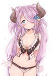  arms_behind_back bikini blue_eyes blush breasts cleavage draph granblue_fantasy hair_ornament hair_over_one_eye horns jewelry large_breasts long_hair looking_at_viewer moorina narmaya_(granblue_fantasy) navel pointy_ears purple_hair simple_background single_earring sketch smile solo swimsuit very_long_hair white_background white_bikini 