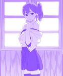  bare_shoulders breasts embarrassed himura_kiseki japanese_clothes kaga_(kantai_collection) kantai_collection large_breasts monochrome open_mouth purple side_ponytail skirt solo thighhighs 