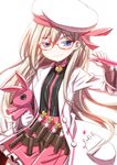  alternate_costume blonde_hair blue_eyes blush braid glasses gretel_(mary_skelter) hair_ornament hat long_hair looking_at_viewer mary_skelter mizunashi_(second_run) solo stuffed_animal stuffed_bunny stuffed_toy test_tube 