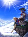  a9b_(louis814) adapted_costume arm_support barefoot belt black_dress black_gloves black_hat blue_dress blue_hair cloud cloudy_sky day dress elbow_gloves emblem food from_side fruit gloves hat hinanawi_tenshi keystone knife leaning_back light_smile long_hair peach rainbow_gradient red_eyes red_ribbon ribbon sitting sky sleeveless sleeveless_dress solo sun sunlight touhou wreath 