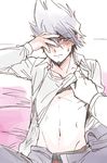  arms_up assisted_exposure bare_chest blush boxers collared_shirt commentary_request covering_face danganronpa embarrassed facial_hair goatee hamadaichi hand_on_own_face highres image_sample looking_away male_focus male_underwear momota_kaito new_danganronpa_v3 on_bed open_pants out_of_frame pants pov pov_hands purple purple_eyes purple_hair purple_pants shirt shirt_lift short_hair simple_background solo_focus spiked_hair sweat sweatdrop underwear white_shirt 