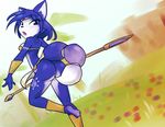  anthro black_nose blue_fur blue_hair blush breasts butt canine clothed clothing female fox fur hair hi_res ihara krystal mammal nintendo partially_clothed simple_background solo star_fox video_games white_fur 