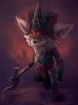  2017 big_eyes big_head black_nose clothed clothing colored detailed digital_drawing_(artwork) digital_media_(artwork) ear_piercing fangs front_view full-length_portrait gloves green_clothing half-closed_eyes hat holding_object holding_weapon kled_(lol) league_of_legends light looking_at_viewer male melee_weapon nurinaki orange_eyes piercing polearm portrait purple_background shaded signature simple_background snarling snout standing teeth video_games weapon yordle 