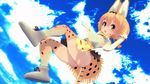  1girl 3d animal_ears animal_tail blonde_hair blush breasts catgirl cloud day from_below highres kemono_friends large_breasts looking_at_viewer open_mouth orange_eyes paw_pose posing serval_(kemono_friends) serval_ears serval_tail short_hair sky solo standing thighhighs thighs 