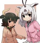  :/ :o adapted_costume animal_ears antenna_hair arabian_oryx_(kemono_friends) aurochs_(kemono_friends) b3 border brown_eyes brown_hair buttons camouflage camouflage_shirt collared_shirt cow_ears dark_skin grey_hair hands_in_pockets horns jpeg_artifacts kemono_friends long_hair long_sleeves looking_at_viewer multicolored_hair multiple_girls necktie open_mouth oryx_ears outline outside_border pink_background pleated_skirt pocket red_neckwear shirt short_hair sidelocks skirt striped striped_neckwear sweater teeth tsurime two-tone_hair upper_body v-shaped_eyebrows white_border white_outline 