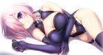  bodysuit breasts commentary_request curvy elbow_gloves eyewear_removed fate/grand_order fate_(series) glasses gloves holding holding_eyewear large_breasts lavender_hair lying mash_kyrielight navel on_side purple_eyes raiou smile solo 