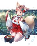  :q animal_ears architecture bell blonde_hair chopsticks commentary_request deecha detached_sleeves east_asian_architecture flower food forest fox_ears fox_tail hair_bun hair_flower hair_ornament hakama_skirt hand_on_own_chest head_tilt high_collar inarizushi jingle_bell kneeling leaf light_rays looking_at_viewer nature nontraditional_miko original outdoors red_eyes shrine sleeves_past_wrists solo stepping_stones sunbeam sunlight sushi tabi tail thighhighs tongue tongue_out white_legwear 