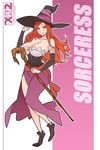  artist_name bare_shoulders breasts brown_hair character_name cleavage detached_sleeves dragon's_crown full_body hat large_breasts long_hair looking_at_viewer sash side_slit smile solo sorceress_(dragon's_crown) staff watermark web_address witch_hat x-teal2 