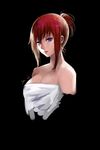  absurdres artist_name bare_shoulders black_background blue_eyes breasts cleavage closed_mouth dated highres kaneko_xz large_breasts lips looking_at_viewer makise_kurisu naked_towel portrait red_hair short_hair signature simple_background smile solo steins;gate towel 