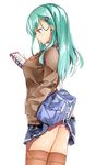  accidental_exposure ascot ass bag blazer blue_skirt breasts brown_jacket brown_legwear byte_(allbyte) cellphone closed_mouth collared_shirt cowboy_shot duffel_bag earphones from_side green_eyes green_hair highres holding holding_phone jacket kantai_collection long_hair long_sleeves looking_at_phone medium_breasts orange_neckwear panties pantyshot pantyshot_(standing) partially_unzipped phone profile school_bag school_uniform shiny shiny_skin shirt simple_background skirt skirt_lift sleeves_past_wrists smartphone solo standing striped striped_legwear suzuya_(kantai_collection) sweater thighs underwear wardrobe_malfunction white_background wing_collar zipper 