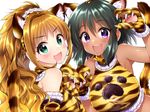  animal_ears aqua_eyes armpits bare_shoulders black_hair blonde_hair blurry cat_ears cat_paws cat_tail depth_of_field eyebrows_visible_through_hair hair_intakes high_ponytail hino_akane_(idolmaster) idolmaster idolmaster_cinderella_girls long_hair looking_at_viewer mio_(mgr300) multiple_girls natalia_(idolmaster) open_mouth paw_pose paws purple_eyes short_hair smile tail upper_body white_background 