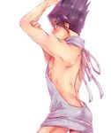  abs aoko_(blue_9140) arm_up armpits blush butt_crack cowboy_shot danganronpa facial_hair from_behind looking_at_viewer looking_back male_focus meme_attire momota_kaito muscle new_danganronpa_v3 purple_hair simple_background solo spiked_hair sweatdrop toned toned_male virgin_killer_sweater white_background 