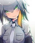  &gt;:( bangs chromatic_aberration collared_shirt commentary eyebrows_visible_through_hair eyelashes frown green_eyes grey_hair grey_shirt hair_between_eyes head_tilt highres kemono_friends long_hair looking_at_viewer low_ponytail multicolored multicolored_eyes multicolored_hair necktie orange_hair pocket sanpaku shirt shoebill_(kemono_friends) short_sleeves side_ponytail simple_background solo tgh326 tsurime upper_body v-shaped_eyebrows white_background 