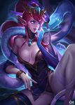  alternate_costume alternate_hair_color blue_eyes breasts caitlyn_(league_of_legends) citemer cleavage collar cowboy_shot dress gloves hair_ornament hair_stick jewelry league_of_legends lips long_hair looking_at_viewer lunar_wraith_caitlyn medium_breasts panties pointy_ears ponytail red_hair snake spread_legs tassel underwear 