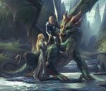  amazing amazing_background armor claws clothed clothing detail detailed_background dragon female feral green_eyes group gugu-troll holding_object holding_weapon horn human male mammal melee_weapon membranous_wings sky smile sword water weapon wings 