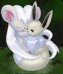  cinccino cuddling cute duo eevee eyes_closed fluffy fluffy_tail forest fuf fur grass grey_fur hug nintendo one_eye_closed pok&eacute;mon shiny_pok&eacute;mon sitting tree video_games wink 