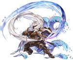  armor cape draph full_body gloves granblue_fantasy headband horns katana long_hair makeup male_focus minaba_hideo official_art okto sandals solo sparkle sword transparent_background very_long_hair water weapon 