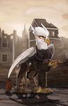 amber_eyes avian beak clothed clothing day detailed_background fan_character feathered_wings feathers feral gryphon hi_res my_little_pony outside rublegun smile solo white_feathers wings yellow_beak 