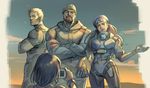  2girls ahoge ana_(overwatch) bad_id bad_pixiv_id beanie beret blackwatch_reyes camera captain_amari crossed_arms dark_skin facial_hair facial_tattoo goatee hat huge_ahoge lips long_hair military military_uniform mother_and_daughter multiple_boys multiple_girls overwatch pharah_(overwatch) reaper_(overwatch) sae_(revirth) short_hair soldier:_76_(overwatch) tattoo uniform younger 