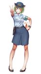  animal_ears armpit_peek dog_ears dog_girl dog_tail female_service_cap full_body furry green_eyes green_hair hand_on_hip highres pigeon-toed police police_uniform policewoman short_hair simple_background solo standing tail tewatasanaiinu tokyo_metropolitan_police_department uniform v white_background wokada 