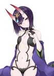  absurdres bangs breasts cowboy_shot fate/grand_order fate_(series) forehead_jewel hand_on_own_chest head_tilt highres horns japanese_clothes looking_at_viewer mafuyu_no_mo navel oni oni_horns purple_eyes purple_hair revealing_clothes short_hair shuten_douji_(fate/grand_order) small_breasts solo wide_sleeves 