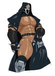  1boy abs bara bulge crotch epcs gloved groping male_focus mask muscle nipples overwatch reaper_(overwatch) solo undressing 