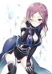  adjusting_eyewear blue_eyes breasts brown_hair cleavage cleavage_cutout dress fingerless_gloves garter_straps glasses gloves highres idolmaster idolmaster_cinderella_girls idolmaster_cinderella_girls_starlight_stage leaning_forward long_hair medium_breasts oimo solo thighhighs yagami_makino 
