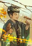  bad_id bad_perspective bad_pixiv_id bird bird_on_hand black_hair closed_eyes eyebrows forehead_protector genji_(overwatch) happy japanese_clothes kimono male_focus nose open_mouth overwatch sae_(revirth) smile solo sparrow sparrow_genji younger yukata 