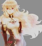  1girl bare_shoulders blonde_hair breasts elbow_gloves gloves grey_background long_hair milla_(tales_of_xillia_2) red_eyes skirt smile tales_of_(series) tales_of_xillia_2 
