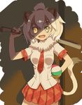 :d animal_ears blonde_hair breasts commentary_request cowboy_shot dark_skin dot_nose eyebrows eyebrows_visible_through_hair eyelashes fang hair_between_eyes half_updo hand_on_hip heterochromia jpeg_artifacts kemono_friends lion_(kemono_friends) lion_ears lion_girl lion_tail looking_at_viewer medium_breasts necktie open_mouth paper_balloon plaid plaid_skirt pleated_skirt pocket sanpaku shadow shirt short_hair short_sleeves skirt smile solo sunlight tail yellow_eyes yoshida_on 