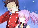  1boy 1girl bare_shoulders blush brown_hair clenched_teeth dress eyes_closed gloves hand_holding jewelry lloyd_irving long_hair open_mouth pants pink_hair presea_combatir short_hair tales_of_(series) tales_of_symphonia twintails 