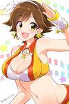  arm_up armpits breasts brown_hair cleavage earrings hairband honda_mio idolmaster idolmaster_cinderella_girls jewelry large_breasts midriff mio_(mgr300) navel open_mouth short_hair sleeveless smile solo star star_earrings sunset_nostalgie upper_body wrist_cuffs yellow_eyes 