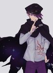  cloak cosplay danganronpa facial_hair finger_to_mouth goatee grey_background hair_over_one_eye hand_on_hip hat index_finger_raised jacket_on_shoulders looking_at_viewer male_focus momota_kaito new_danganronpa_v3 ouma_kokichi ouma_kokichi_(cosplay) peaked_cap purple_eyes purple_hair school_uniform simple_background solo space_print spiked_hair starry_sky_print 