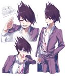  artist_request bad_id bad_twitter_id beard bleeding blood blood_from_mouth blood_on_face bloody_clothes character_name closed_eyes danganronpa facial_hair goatee jacket jacket_on_shoulders long_hair male_focus momota_kaito multiple_views new_danganronpa_v3 open_mouth pants pink_blood purple_eyes purple_hair school_uniform shirt simple_background smile space_print spiked_hair spoilers starry_sky_print turn_pale white_background wiping_face 