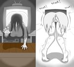  1girl anus artist_name ass black_hair clenched_teeth feet hair_over_eyes indoors long_hair pussy soles solo stuck television the_ring toes torn_clothes uncensored white_skin yamamura_sadako 