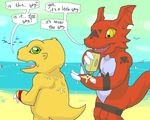  2010 agumon aliasing argon_vile beach claws digimon dinosaur duo english_text green_eyes guilmon lizard male markings open_mouth outside red_skin reptile scalie seaside slightly_chubby smile sunscreen teeth text tongue yellow_eyes yellow_skin 