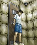  1girl cell crying gin_nasu handcuffs shorts tagme 