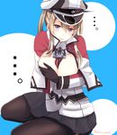  black_gloves black_legwear black_skirt blonde_hair breasts capelet cleavage cross gloves graf_zeppelin_(kantai_collection) hat impossible_clothes jacket kantai_collection large_breasts long_hair long_sleeves military military_uniform miniskirt narushima_kanna pantyhose peaked_cap purple_eyes sidelocks skirt solo twintails uniform white_jacket 