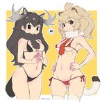  animal_ears antlers bikini black_bikini black_hair breasts brown_eyes brown_hair commentary_request hands_on_hips japari_symbol kemono_friends lion_(kemono_friends) lion_ears lion_girl lion_tail looking_at_viewer medium_breasts micro_bikini moose_(kemono_friends) moose_ears moose_tail mudou_eichi multiple_girls navel ponytail red_bikini smile speech_bubble swimsuit tail thighhighs white_legwear 