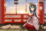  above_clouds bird bird_on_hand black_hair blue_sky cherry_blossoms chihaya_(clothing) crown flower hair_ornament japanese_clothes lantern lens_flare licca_(liccas) long_hair looking_at_viewer miko original pillar pillow pointy_ears railing seiza sidelocks sitting sky smile solo sunrise wooden_floor yellow_eyes 