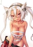  blush breasts brown_eyes budget_sarashi cleavage dark_skin glasses hair_between_eyes head_tilt highres hoshino_aoi_(la_huynh_hai_than) kantai_collection large_breasts leaning_forward long_hair looking_at_viewer musashi_(kantai_collection) navel no_panties open_mouth sarashi semi-rimless_eyewear short_hair_with_long_locks signature skirt skirt_pull solo two_side_up under-rim_eyewear white_hair 