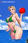  animal_ears ball bikini blonde_hair blue_eyes blue_sky braid breasts cammy_white day green_bikini highleg highleg_bikini highres large_breasts lips long_hair looking_at_viewer navel patreon_username reydart scar sideboob sky solo strap_gap street_fighter swimsuit thick_thighs thighs toned twin_braids wading 