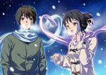  1girl alternate_costume black_hair brown_eyes coat commentary_request green_eyes hair_ribbon heart kimi_no_na_wa maki_aida_factor miyamizu_mitsuha open_mouth red_ribbon ribbon scarf smile tachibana_taki 