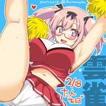 1girl :d aoi_manabu arm_up armpits bare_shoulders bespectacled black_ribbon blush breasts cheerleader commentary_request dated glasses hair_ribbon happy_birthday hibari_(senran_kagura) kneepits large_breasts leg_up looking_at_viewer navel open_mouth panties pink_hair pom_poms purple_eyes red-framed_eyewear ribbon semi-rimless_eyewear senran_kagura senran_kagura_shoujo-tachi_no_shin'ei short_hair short_twintails smile solo sweat symbol-shaped_pupils translation_request twintails twitter_username under-rim_eyewear underwear white_panties 