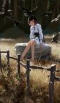  barefoot bird black_eyes black_hair blurry depth_of_field dress fence field grass highres nature neck_ribbon original outdoors raven_(animal) ribbon rock scenery short_dress short_hair sitting sketch smile solo tree treeware underbust 