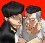  black_hair diamond_wa_kudakenai frown gakuran grey_hair higashikata_jousuke jojo_no_kimyou_na_bouken looking_at_viewer male_focus multicolored_hair multiple_boys nijimura_okuyasu pompadour scar school_uniform two-tone_hair white_eyes ziguck 