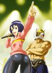  1girl ass black_hair brown_eyes commentary_request crossed_arms jacket microphone muscle open_mouth pointing shimotsuki_juugo short_hair spotlight takaoka_haruna tiger_mask tiger_mask_w wrestling_mask wrestling_outfit wrestling_ring 